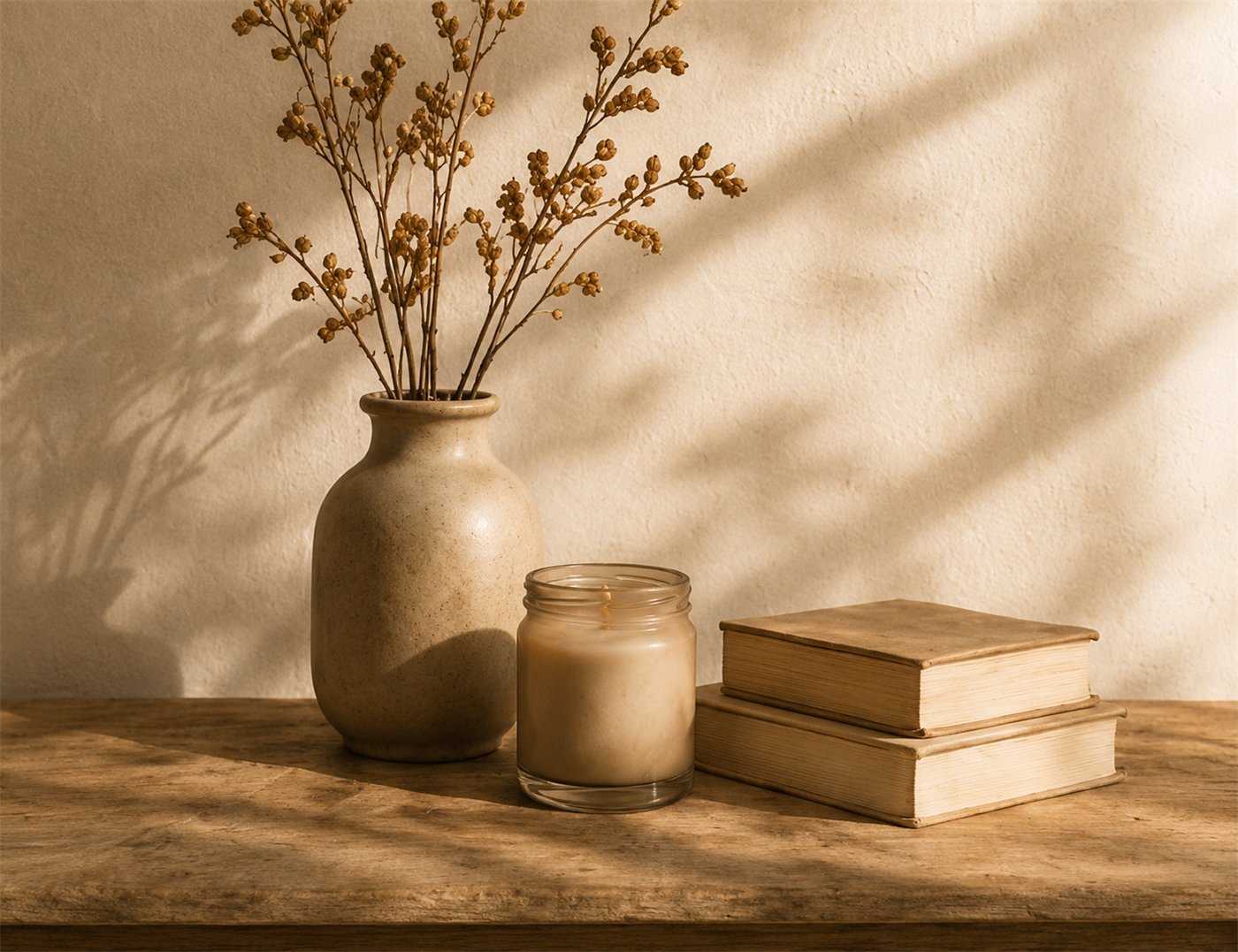 Un jarrón con ramas secas, una vela y dos libros sobre una mesa de madera con luz cálida