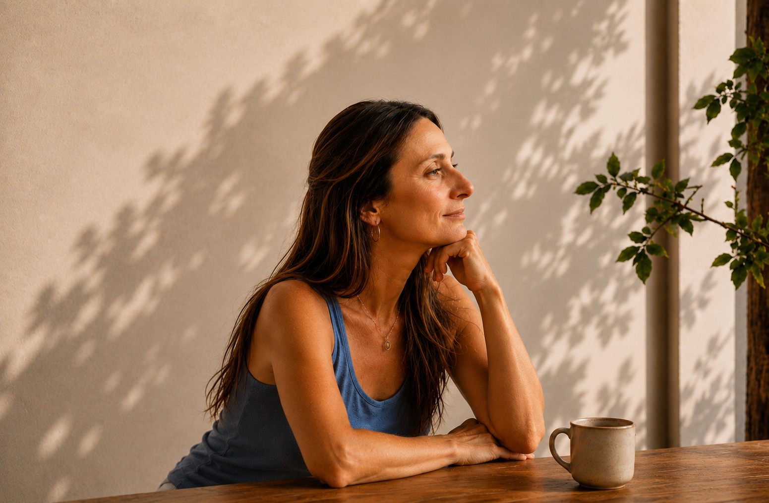 Ana, apoyada en una mesa de madera con la mano en la barbilla, mirando hacia la luz junto a una ventana, con una taza y sombras de hojas en la pared