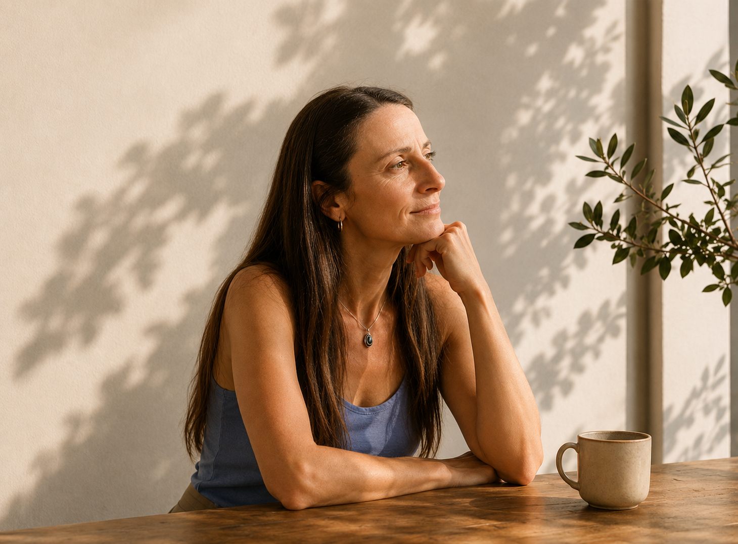 Ana, sentada junto a una mesa de madera con una rama de olivo y una taza, mirando hacia la luz