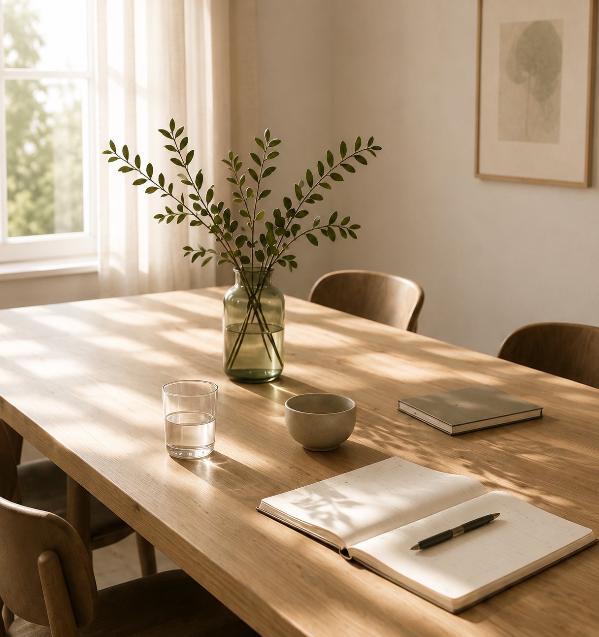 Mesa de madera con sillas, jarrón con ramas y cuaderno junto a una ventana