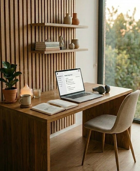 Escritorio de madera junto a una ventana con un portátil, un cuaderno y una taza