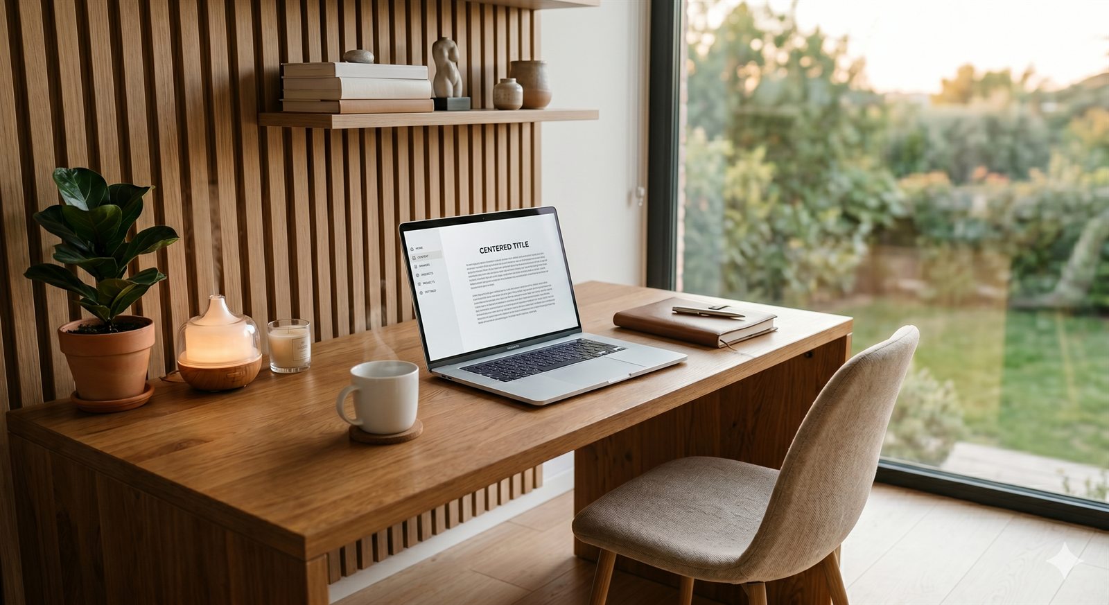 Escritorio de madera junto a una ventana con un portátil, una libreta y una taza, con vistas a un jardín