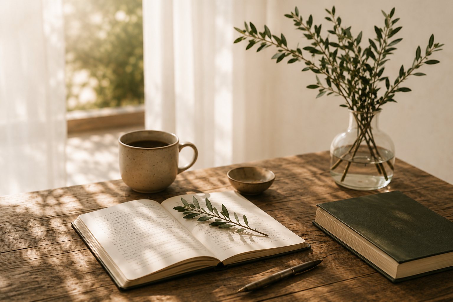 Libro abierto con una ramita de olivo y una taza junto a una ventana