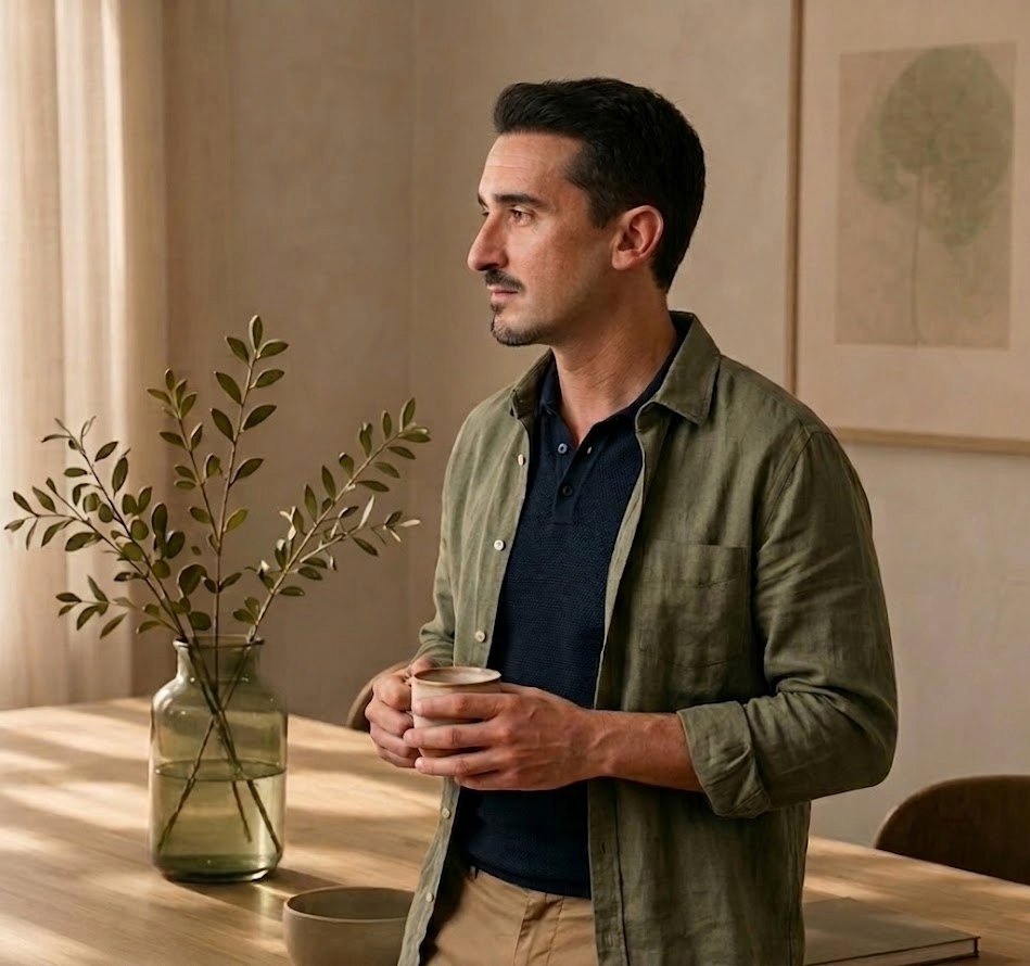 Jaime, de pie junto a una mesa de madera con una rama de olivo y una taza, mirando hacia la luz