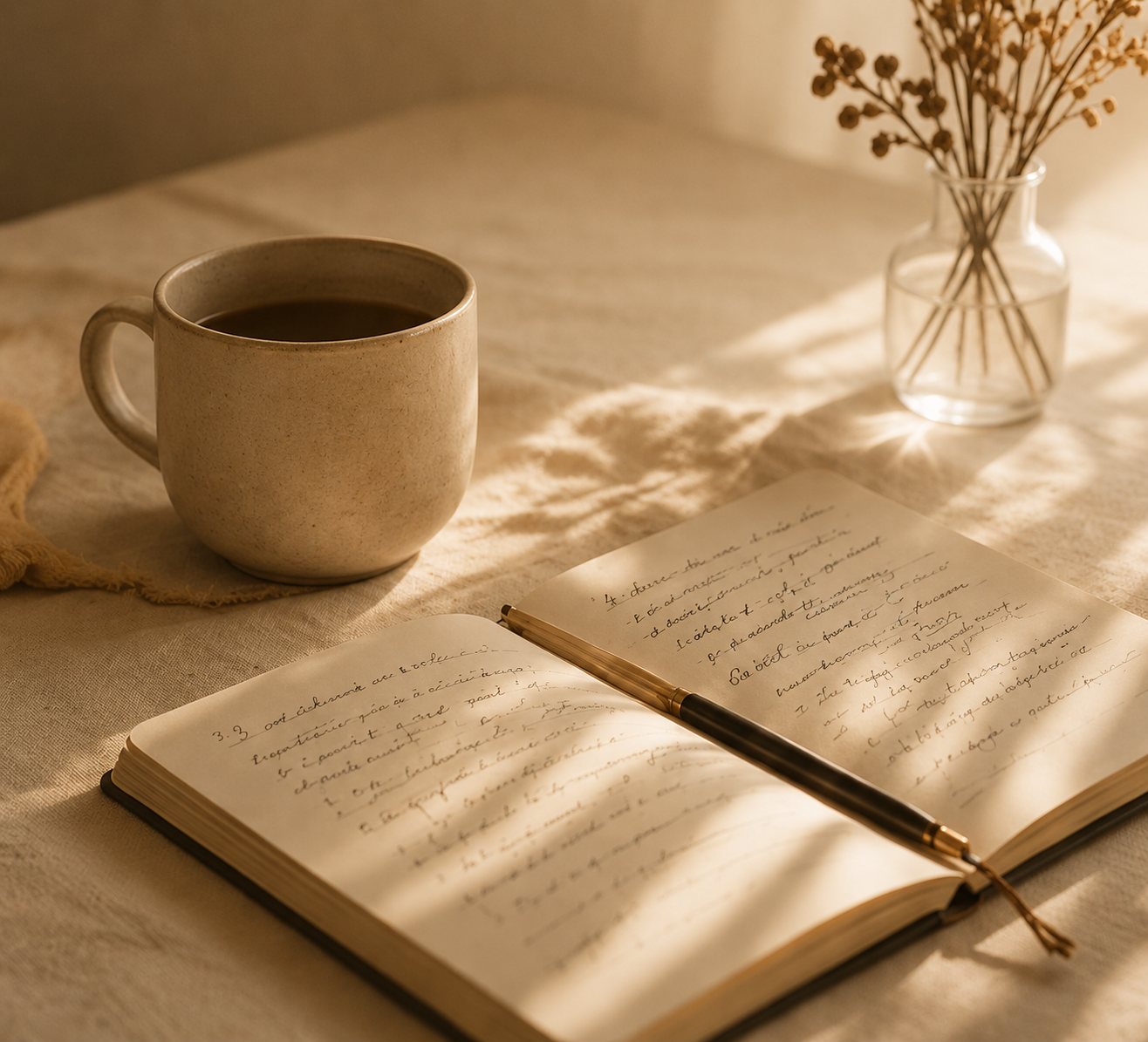 Una taza de café junto a una libreta manuscrita bajo luz cálida
