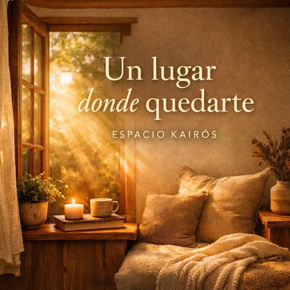 Portada del podcast de Espacio Kairós: un rincón junto a una ventana con una vela y una taza, con el título «Un lugar donde quedarte»