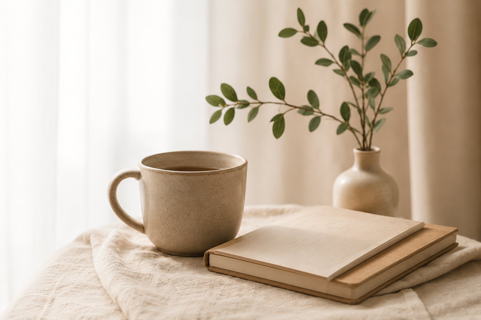 Una taza y un libro abierto sobre una mesa con luz cálida