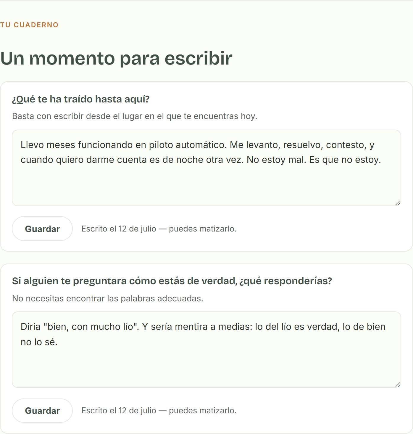 El cuaderno de VOLVER dentro de la plataforma: las preguntas del primer día, con sus respuestas escritas.